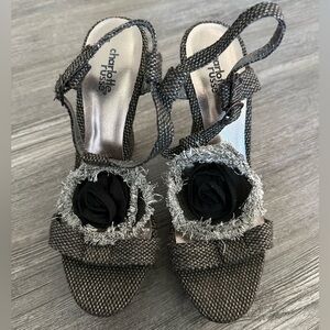 Black Wedges with Flower Accent